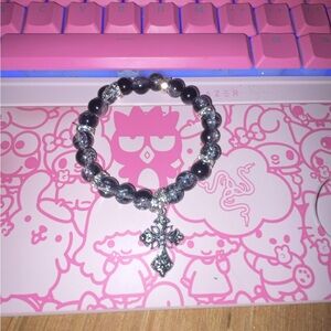 Black and Silver Beaded Bracelet with Cross Charm